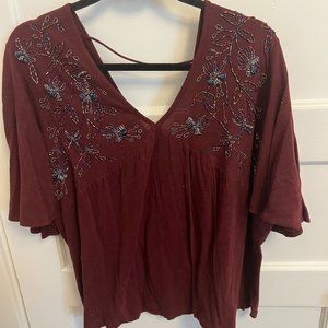 Anthropologie Maroon Beaded Blouse